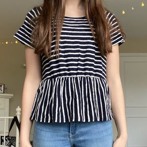 Madewell White Striped Navy T-Shirt with Ruffle